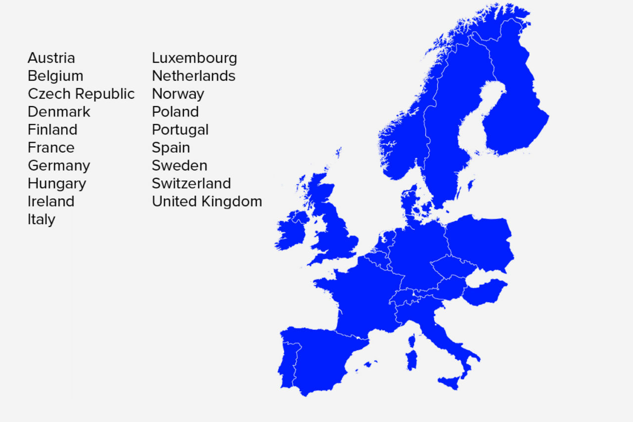 Coverage map highlighting the United States and the following European countries: Austria, Belgium, Czech Republic, Denmark, Finland, France, Germany, Hungary, Ireland, Italy, Luxembourg, Netherlands, Norway, Poland, Portugal, Spain, Sweden, Switzerland, and the United Kingdom.