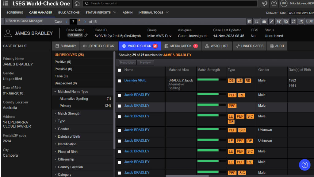 Screenshot of World-Check One’s KYC screening and verification solution